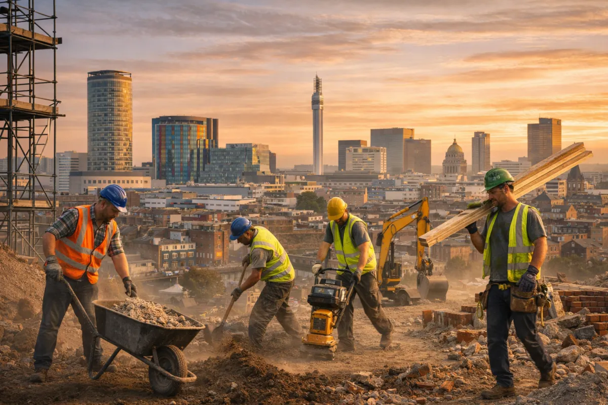 Construction labourers working on a building site with the Birmingham skyline in the background