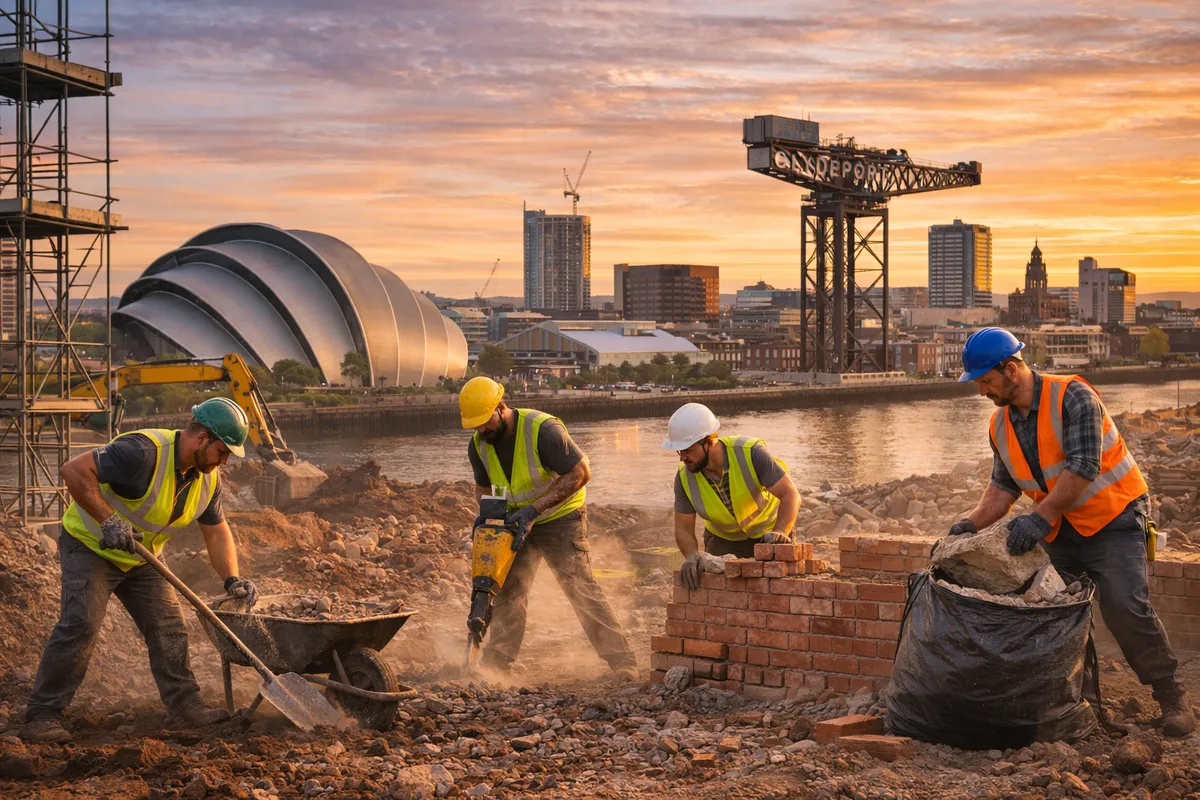 Construction labourers working on a building site with the Glasgow skyline in the background