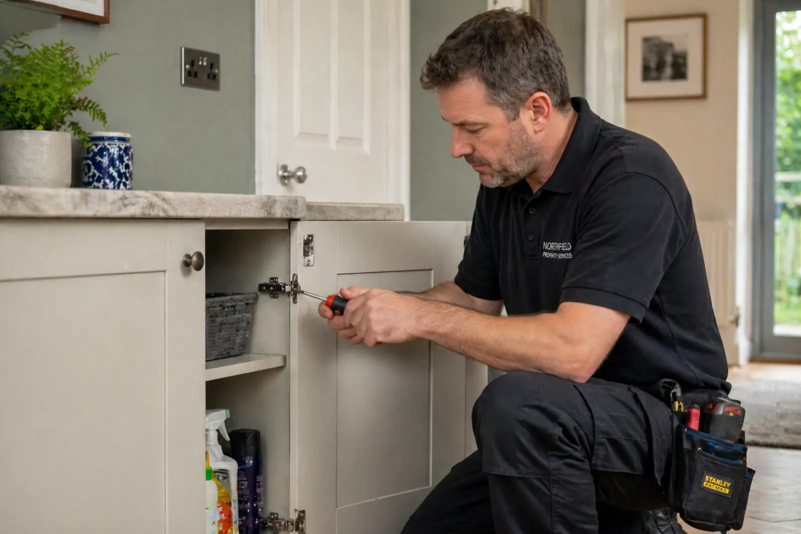 Handyman fixing a household item with a toolbox