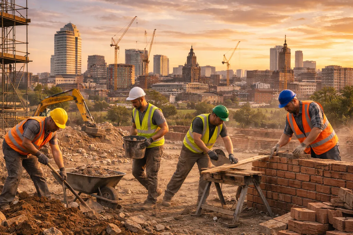 Construction labourers working on a building site with the Leeds skyline in the background