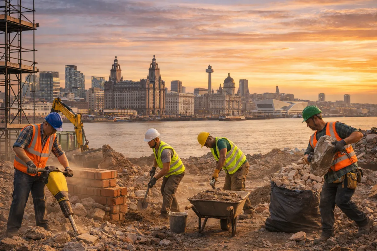Construction labourers working on a building site with the Liverpool skyline in the background