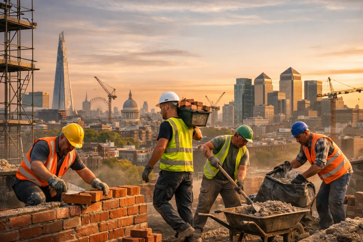Construction labourers working on a building site with the London skyline in the background