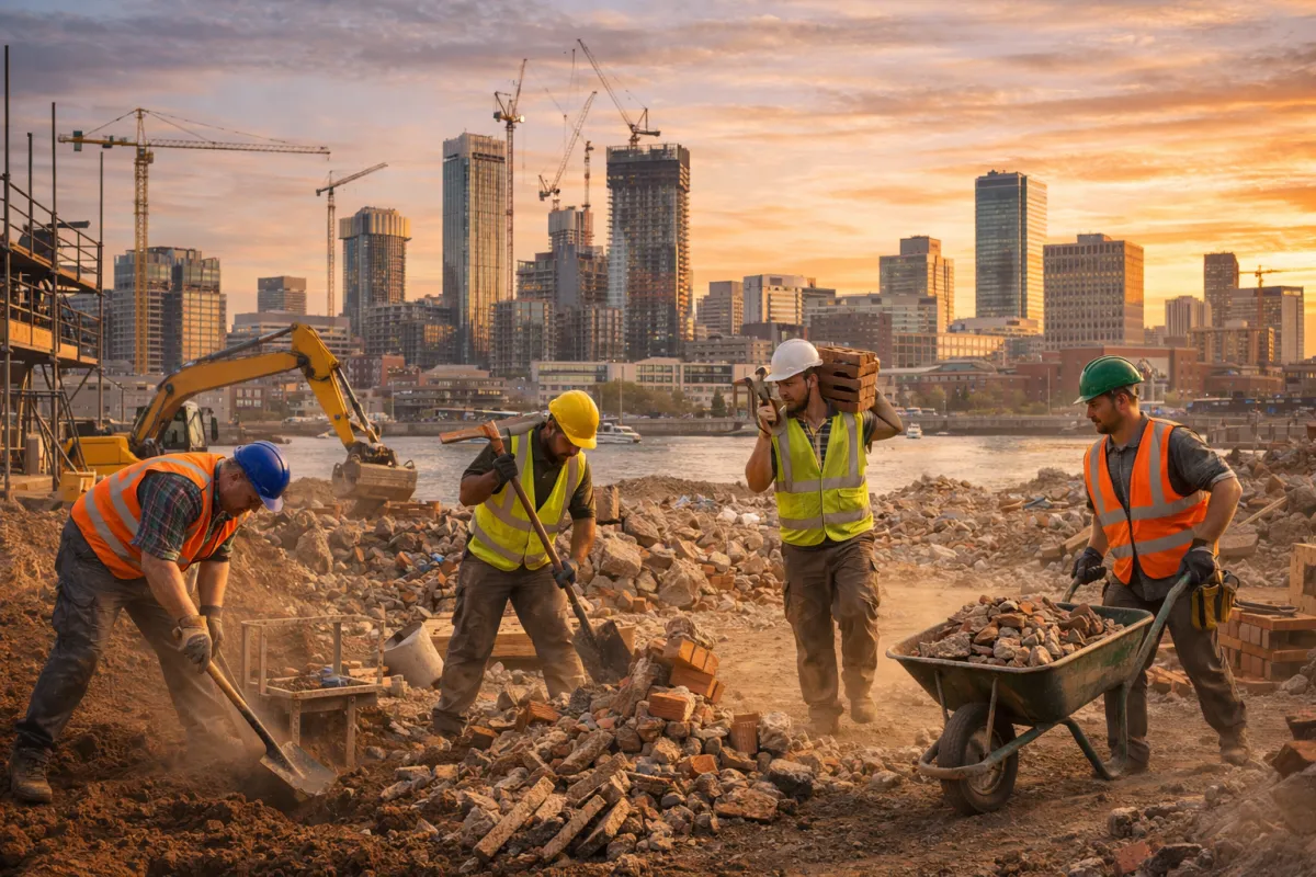 Construction labourers working on a building site with the Manchester skyline in the background