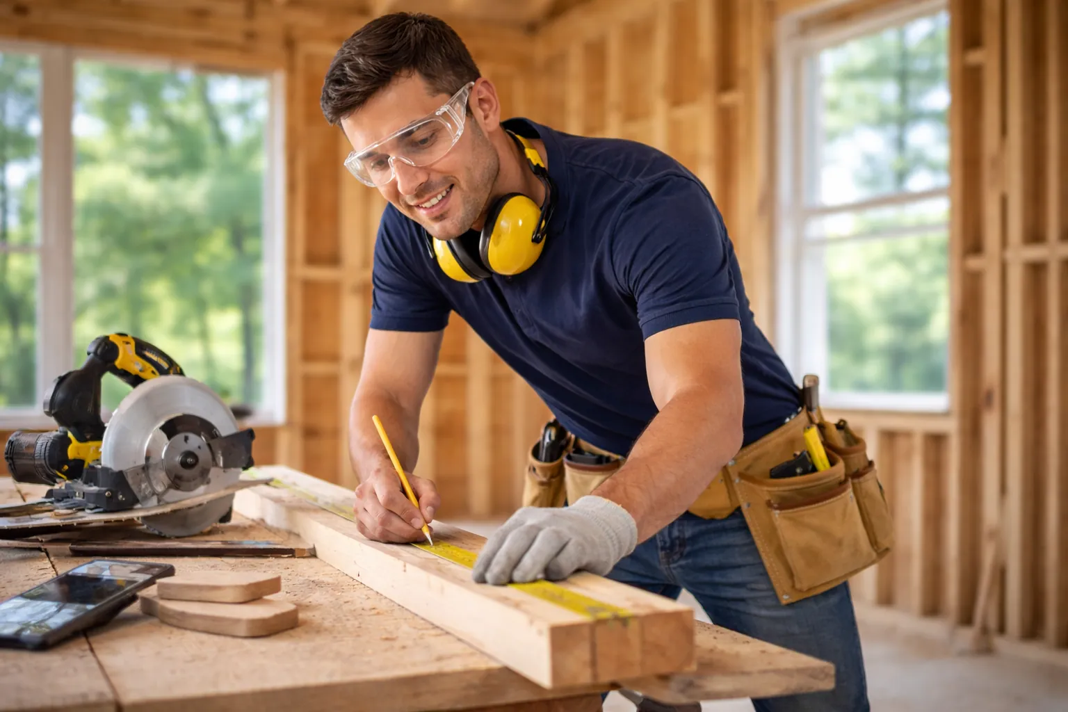 Carpenter measuring timber with a tape measure on a workbench