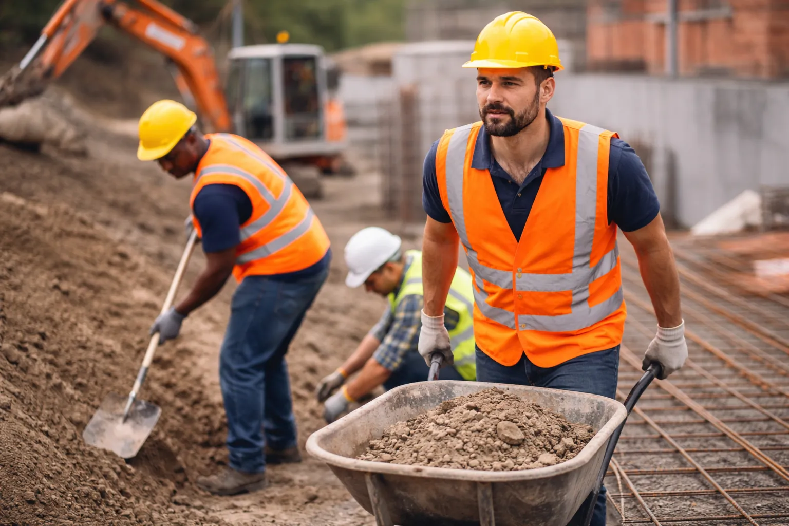 Construction worker in hi-vis and hard hat reviewing plans on a UK building site